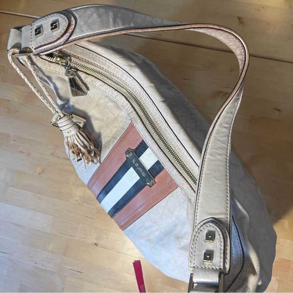L.A.M.B. White Leather Hobo with Tan and Black Stripes